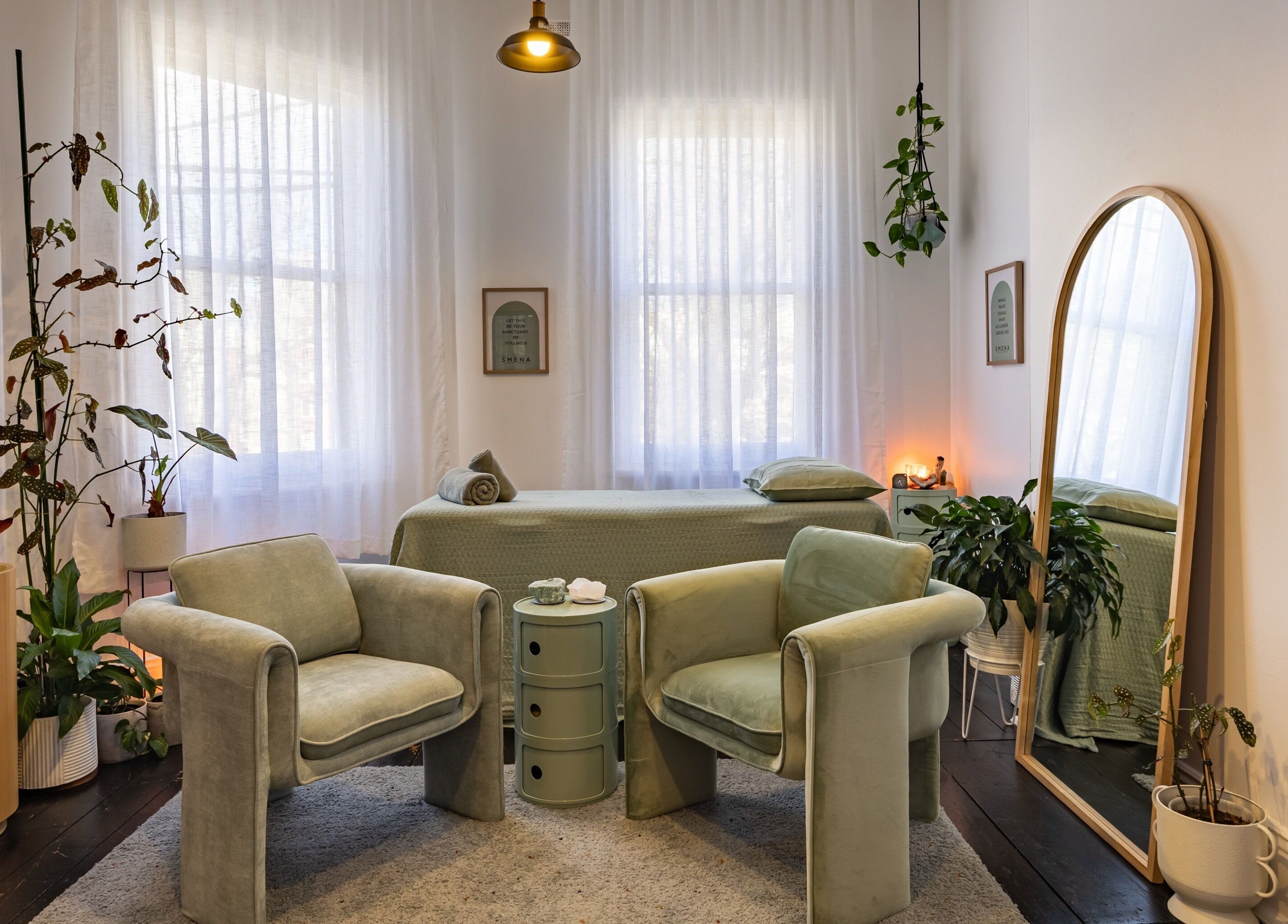Peaceful interior of SMENA Healing Studio in Melbourne, Victoria, AU, highlighting soothing decor and relaxing ambiance.