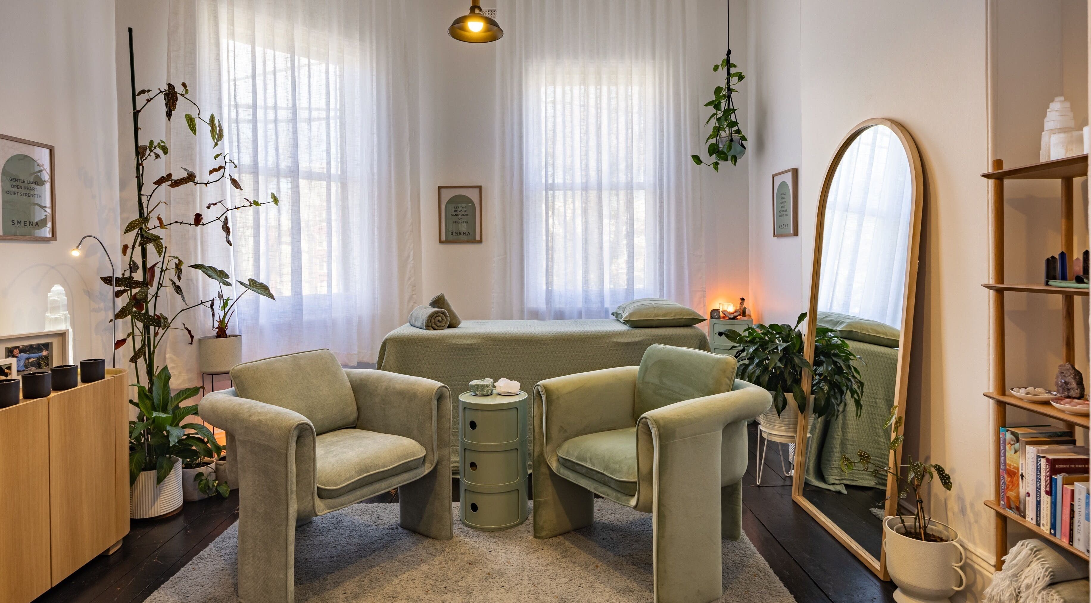 Peaceful interior of SMENA Healing Studio in Melbourne, Victoria, AU, highlighting soothing decor and relaxing ambiance.