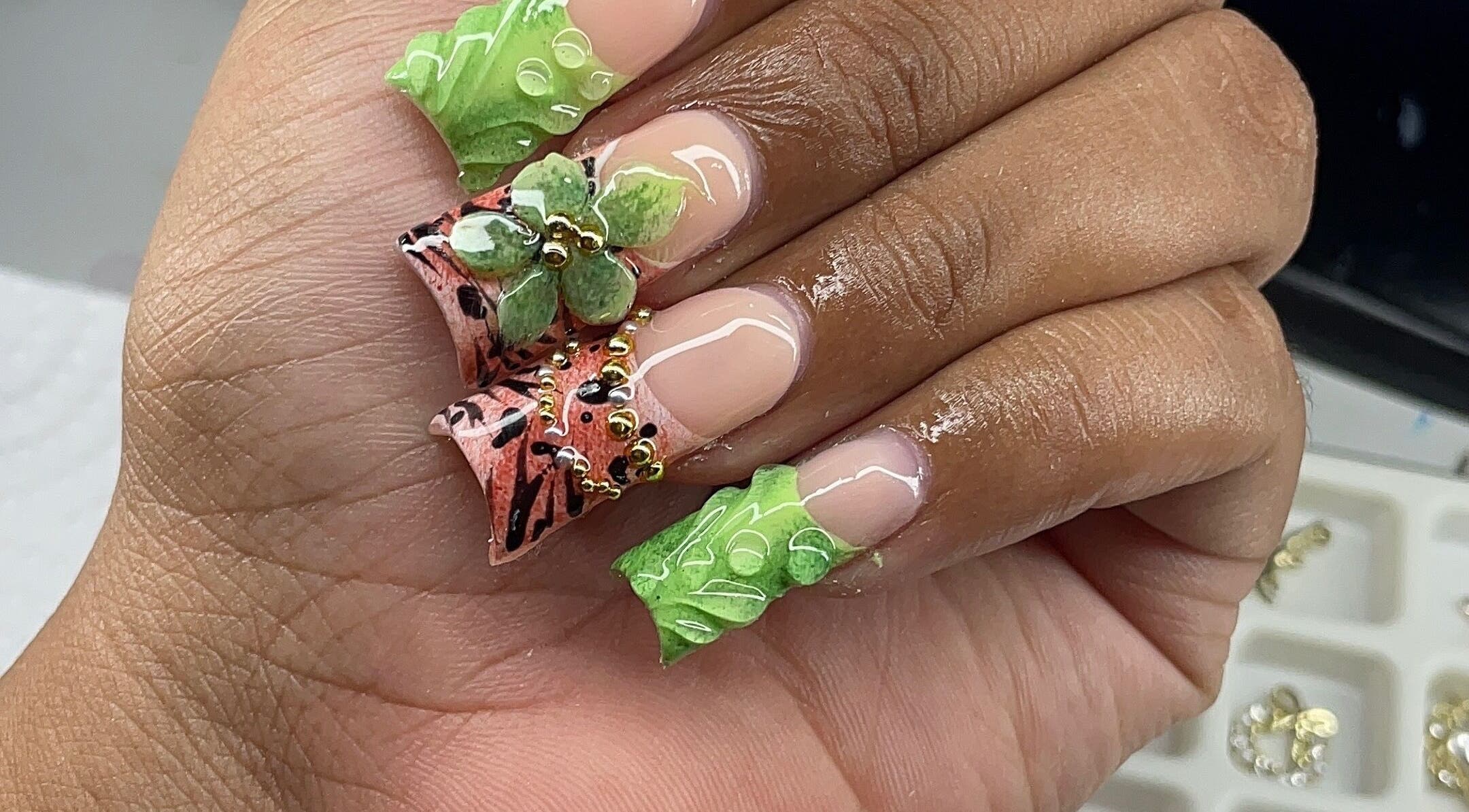 Vibrant tropical nail art at Pretty in Polygel, Portsmouth, Saint John Parish, DM.