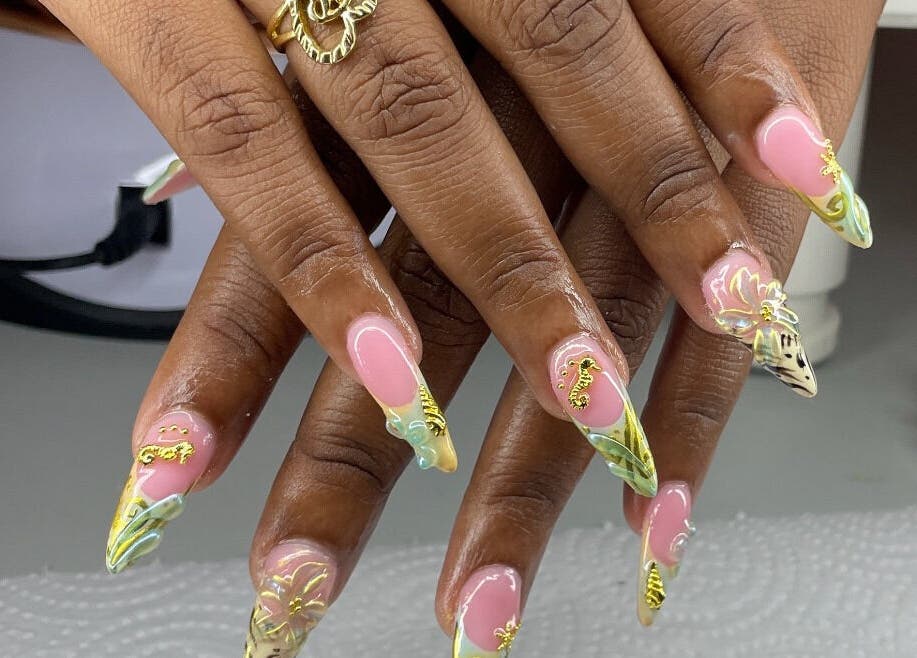 Intricate nail designs at Pretty in Polygel, Portsmouth, Saint John Parish, DM.