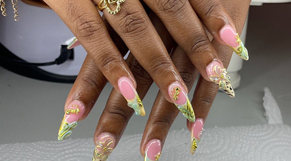 Intricate nail designs at Pretty in Polygel, Portsmouth, Saint John Parish, DM.