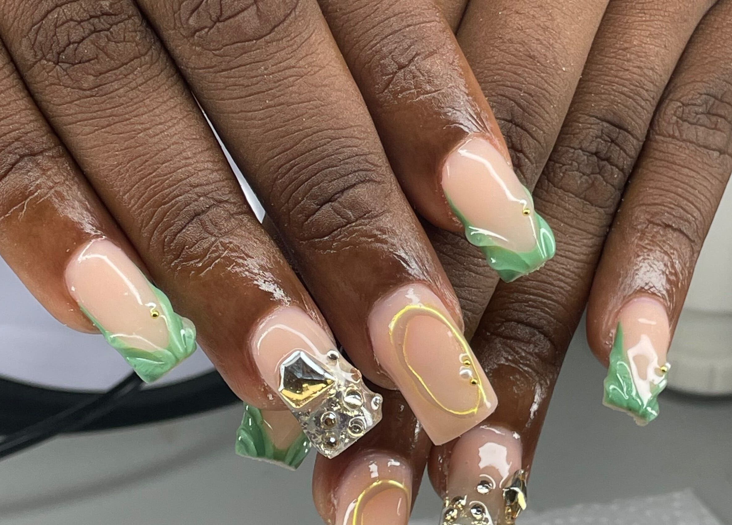 Elegant green and nude polygel nails at Pretty in Polygel, Portsmouth, Saint John Parish, DM.