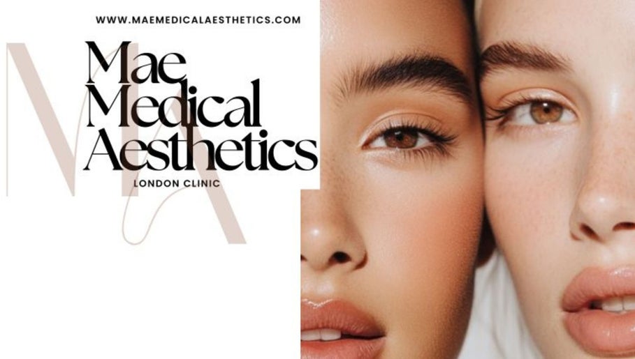 Mae Medical Aesthetics logo and faces detail in London, England, GB.