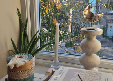 Cozy window nook at Wild Aura Denny with decor and view of Denny, Scotland, GB.