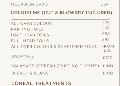 Hair color services list at Wild Aura Denny, Denny, Scotland, GB showcasing pricing details.