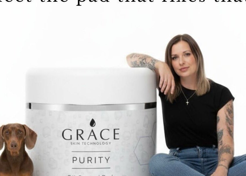 Woman and dog beside GRACE SKIN TECHNOLOGY Purity jar in Cranleigh, England, GB.