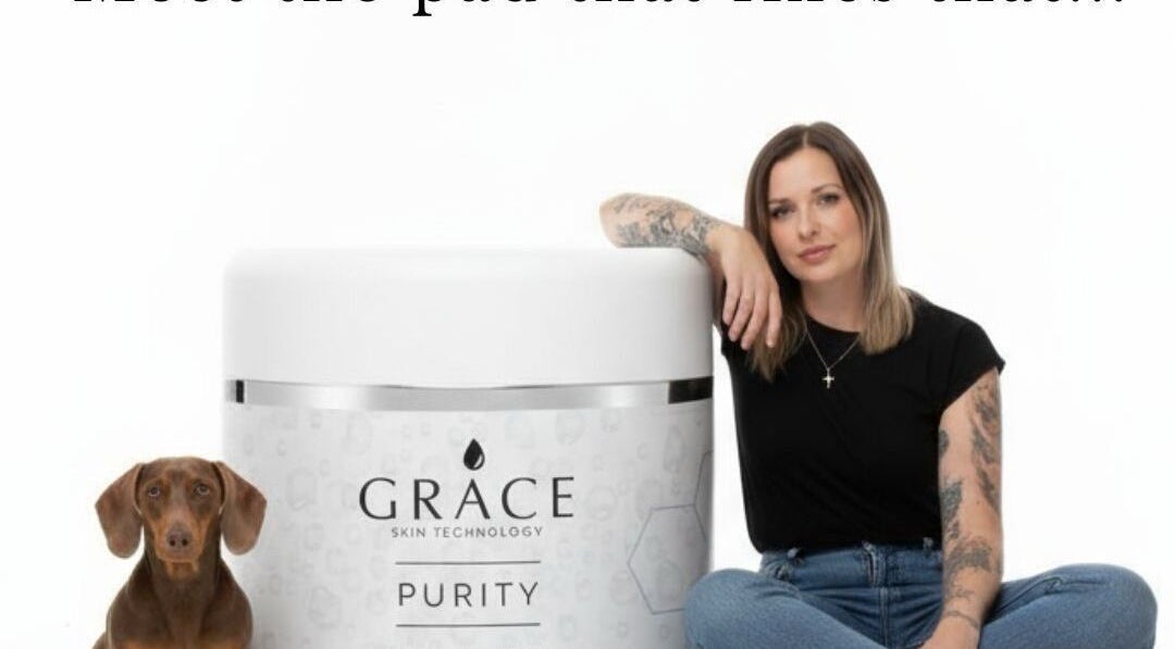 Woman and dog beside GRACE SKIN TECHNOLOGY Purity jar in Cranleigh, England, GB.