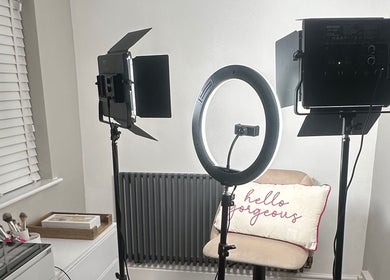 Professional lighting setup at El Emery Makeup & Beauty, Stafford, England, GB, showcasing a cozy glam studio.
