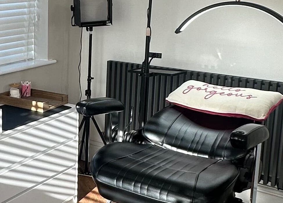 Makeup chair setup at El Emery Makeup & Beauty, ST21 6JU, England, GB, with lighting and accessories.