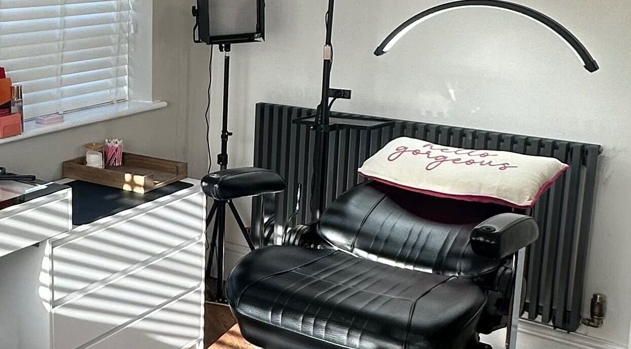Makeup chair setup at El Emery Makeup & Beauty, ST21 6JU, England, GB, with lighting and accessories.