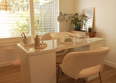 Calming interior of Bebella beauty venue in Avoca Beach, New South Wales, AU, showcasing a well-lit workspace.