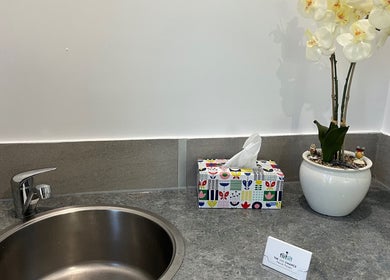 Elegant sink area at The 2nd Chance Manual Therapy in Bayview, Northern Territory, AU with tissue box and orchid.