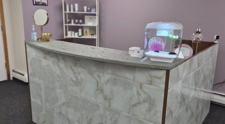 Elegant reception desk at Star Child Esthetics LLC, Midland, Michigan, US, with modern interior decor.