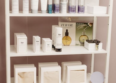 Product display shelf at Star Child Esthetics LLC, Midland, Michigan, US featuring skincare essentials.