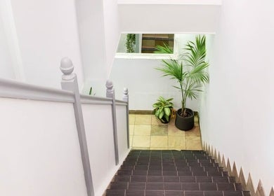 Elegant stairway at Newelle Beauty, London, England, GB featuring potted plants and bright walls.