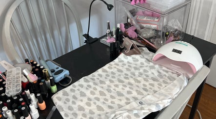 Sheeniquebnails nail station setup in St. Catharines, Ontario featuring tools and polishes.