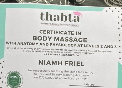 Body massage certificate displayed at Fern & Flow Massage, Clydebank, Scotland, GB.