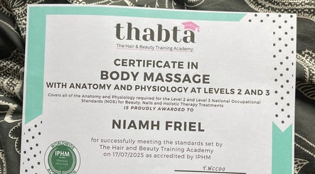 Body massage certificate displayed at Fern & Flow Massage, Clydebank, Scotland, GB.