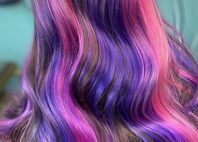 Bright pink and purple hair at Couture Hair and Beauty, Wolverhampton, England, GB.