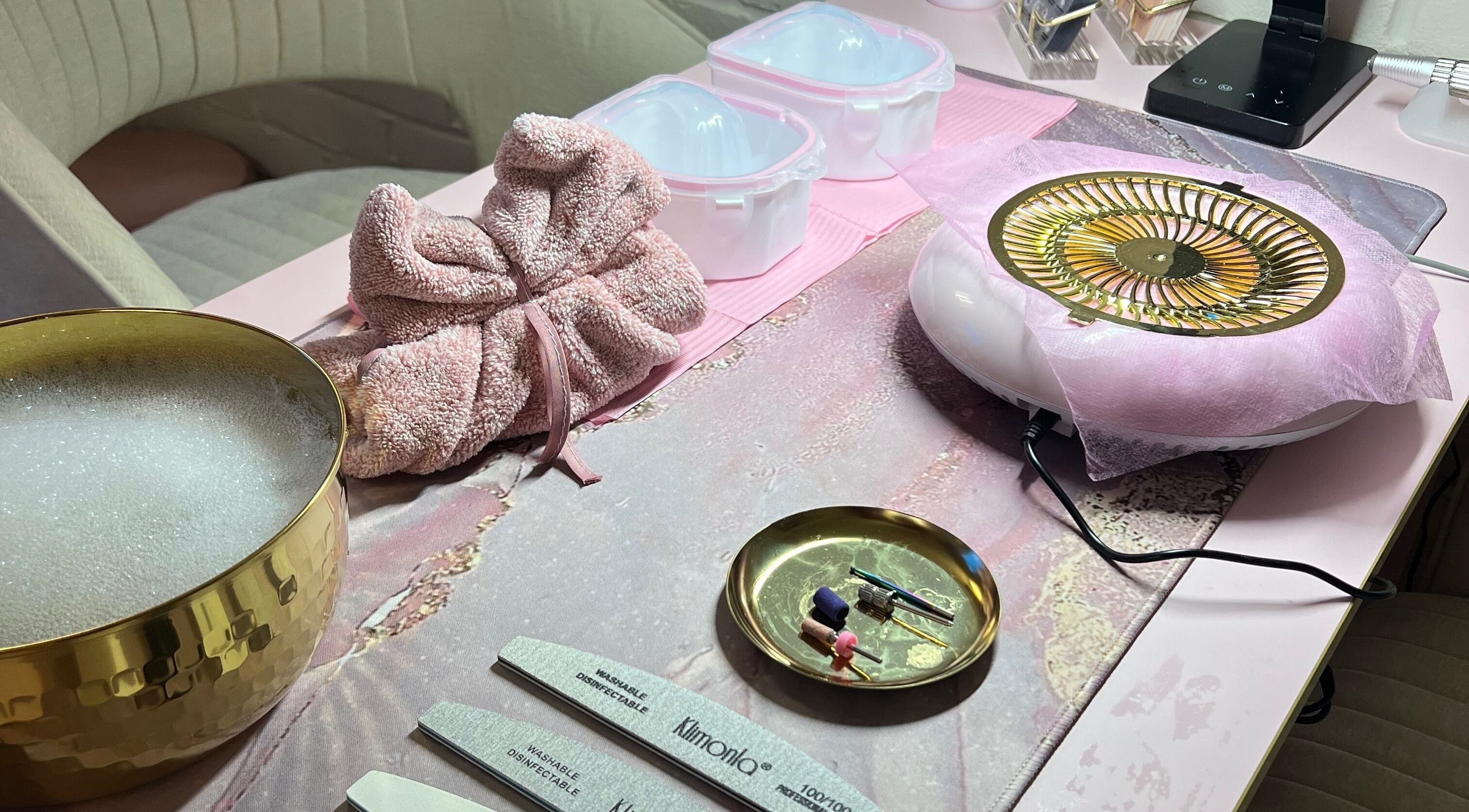 Nail tools and luxury setup at IRL Nails and Beauty, Leicester, England, GB for an indulgent experience.