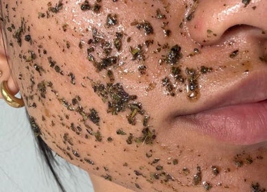 Close-up of herbal facial mask at Bare Facials By Bibi, New York, New York, US.