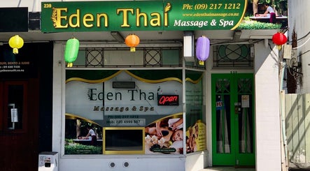 Exterior of Eden Thai Massage & Spa - Mount Eden in Auckland, NZ with colorful lanterns and a green door.
