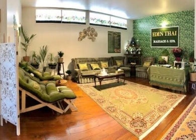 Relaxing interior of Eden Thai Massage & Spa - Kingsland in Auckland, NZ, featuring serene green decor.