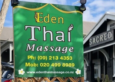 Eden Thai Massage & Spa - Kingsland sign, Auckland, Auckland, NZ. Green backdrop with contact details.