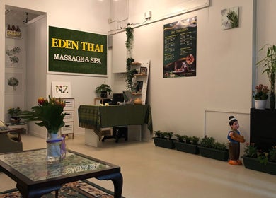 Relaxing reception area of Eden Thai Massage & Spa - Mount Eden, Auckland, NZ, showcasing decor and plants.
