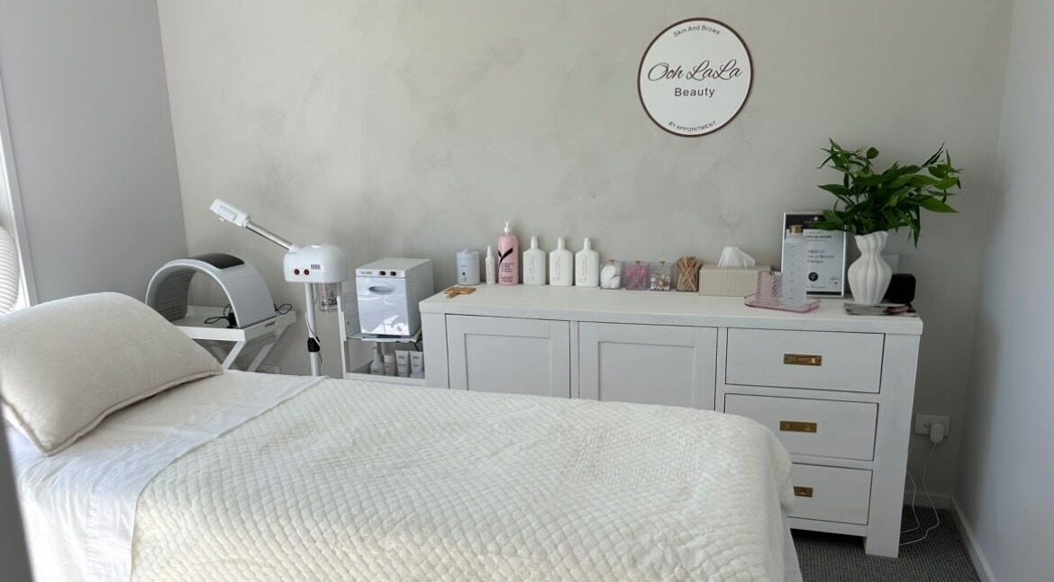 Calming treatment room at Ooh Lala Beauty, Redland Bay, Queensland, AU featuring a plush bed and aesthetic decor.