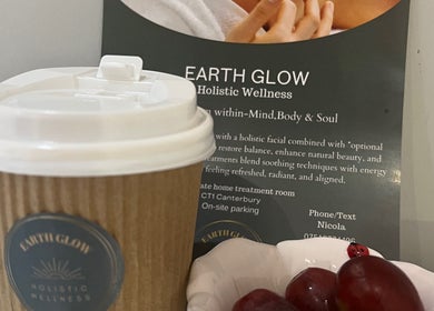 Earth Glow Holistic Wellness flyer with coffee and grapes, Preston, England, GB.