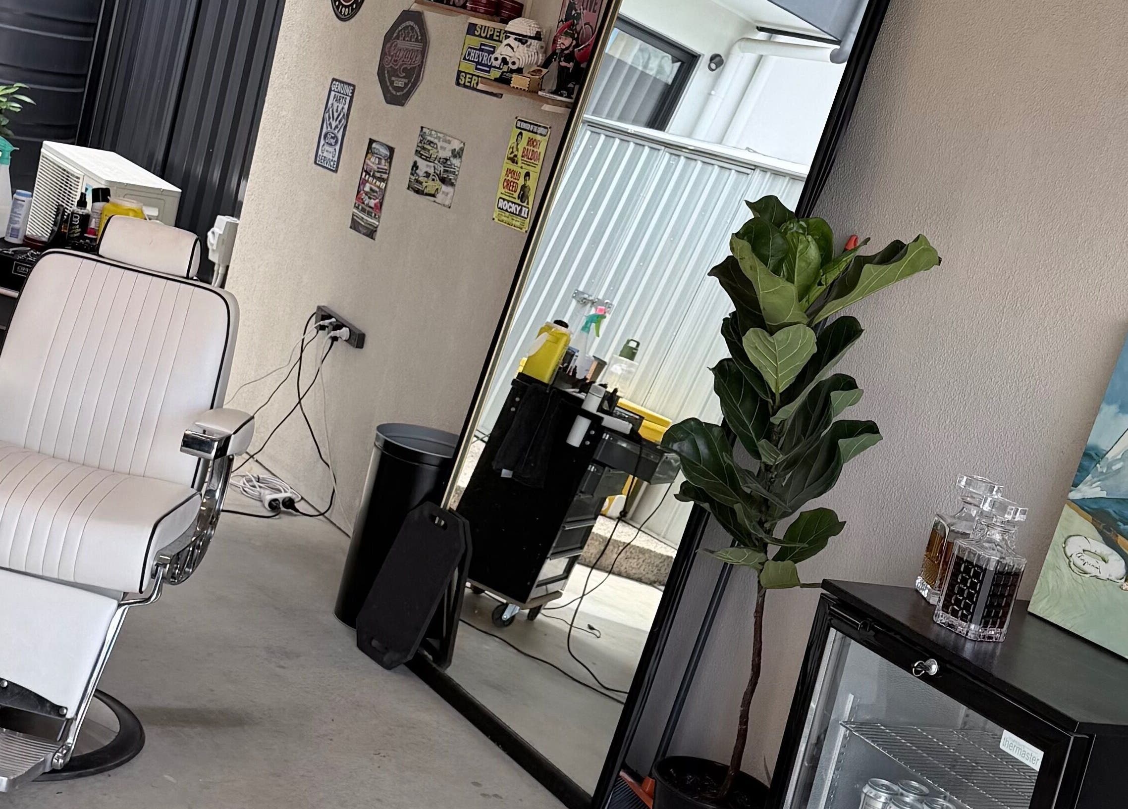 Stylish barber chair and decor at TheGarageChair, Port Adelaide, South Australia, AU.