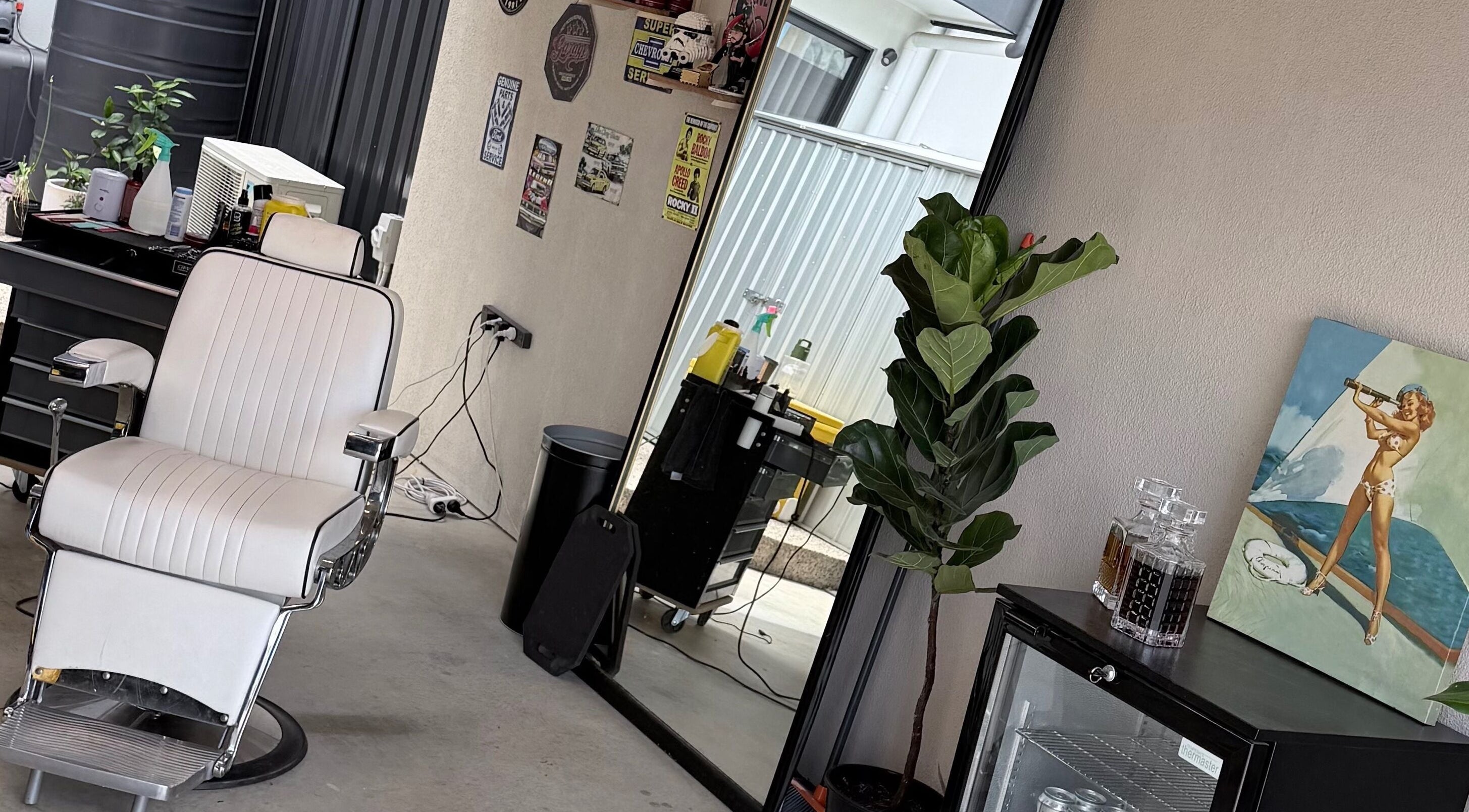 Stylish barber chair and decor at TheGarageChair, Port Adelaide, South Australia, AU.