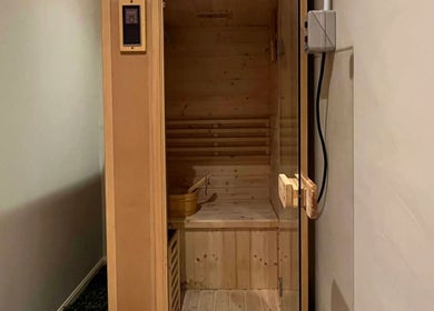 Wooden sauna at Aurora Muslimah Salon & Spa Bukit Rimau in Shah Alam, Selangor, MY.