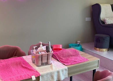 Manicure station at Aurora Muslimah Salon & Spa Bukit Rimau, Shah Alam, Selangor, MY. Cozy pink-themed setup.