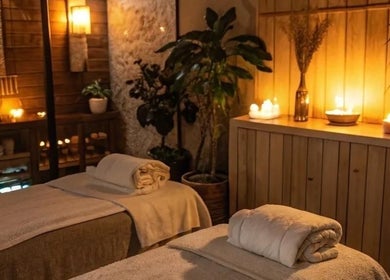 Gezellige massageruimte bij Gens Massage Therapy, Utrecht, NL, met kaarsen en planten.