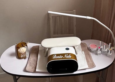 Bonito Nails manicure station in North Berwick, Scotland, GB featuring nail polish and tools.