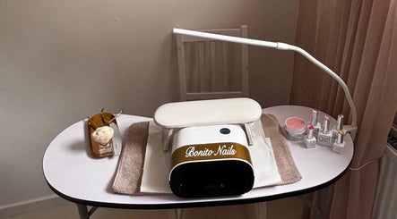 Bonito Nails manicure station in North Berwick, Scotland, GB featuring nail polish and tools.