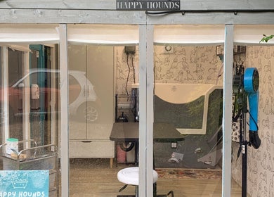 Interior view of Happy Hounds Dog Grooming in Wisbech Saint Mary, England, GB, showcasing grooming equipment.
