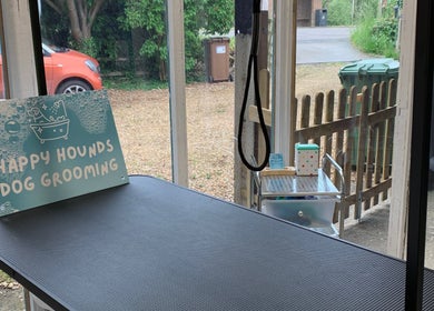 Inside Happy Hounds Dog Grooming, Wisbech Saint Mary, England, GB, with a grooming table and sign by the window.