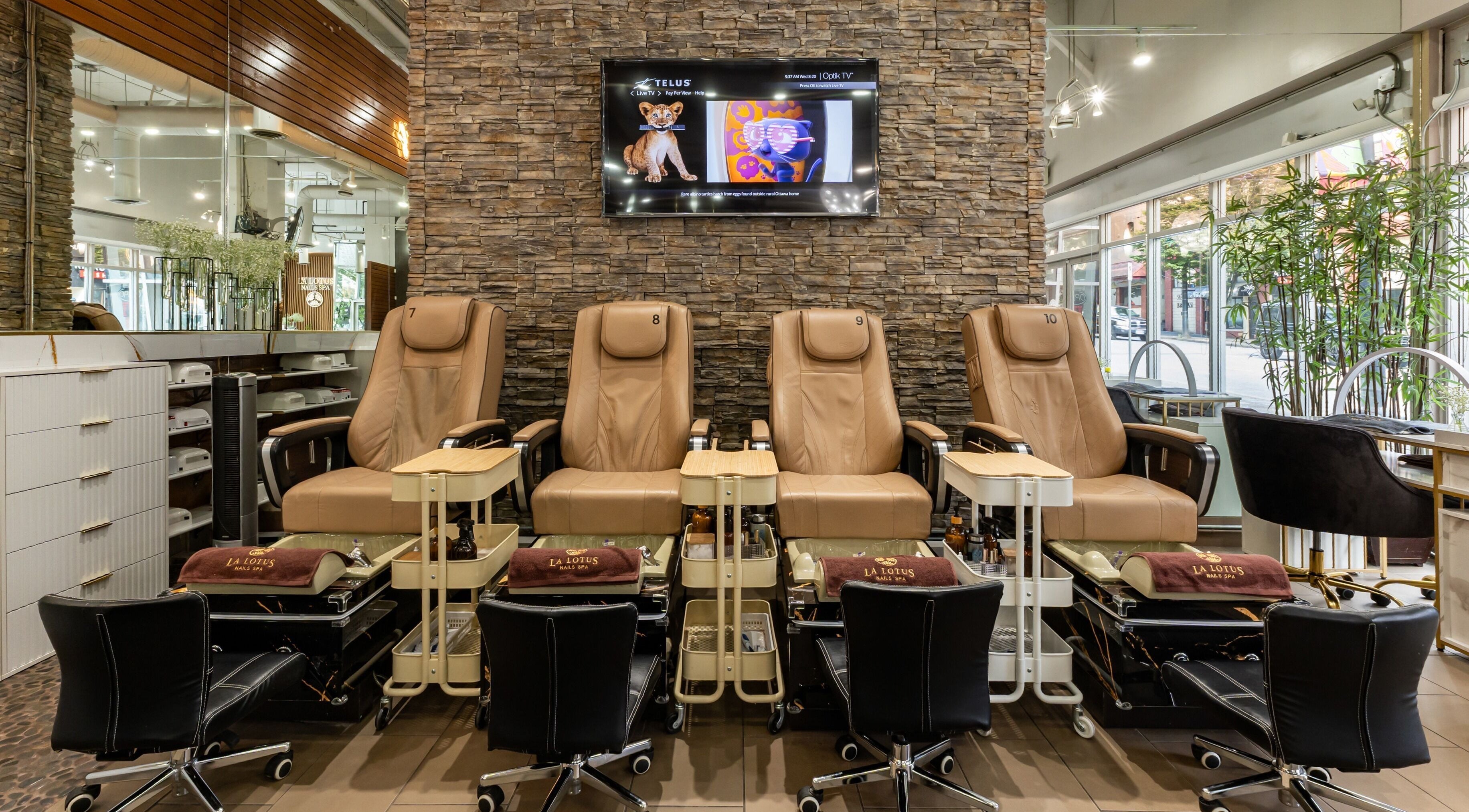 Elegant pedicure chairs at La Lotus Nails Spa in Vancouver, British Columbia, CA offering premium comfort.