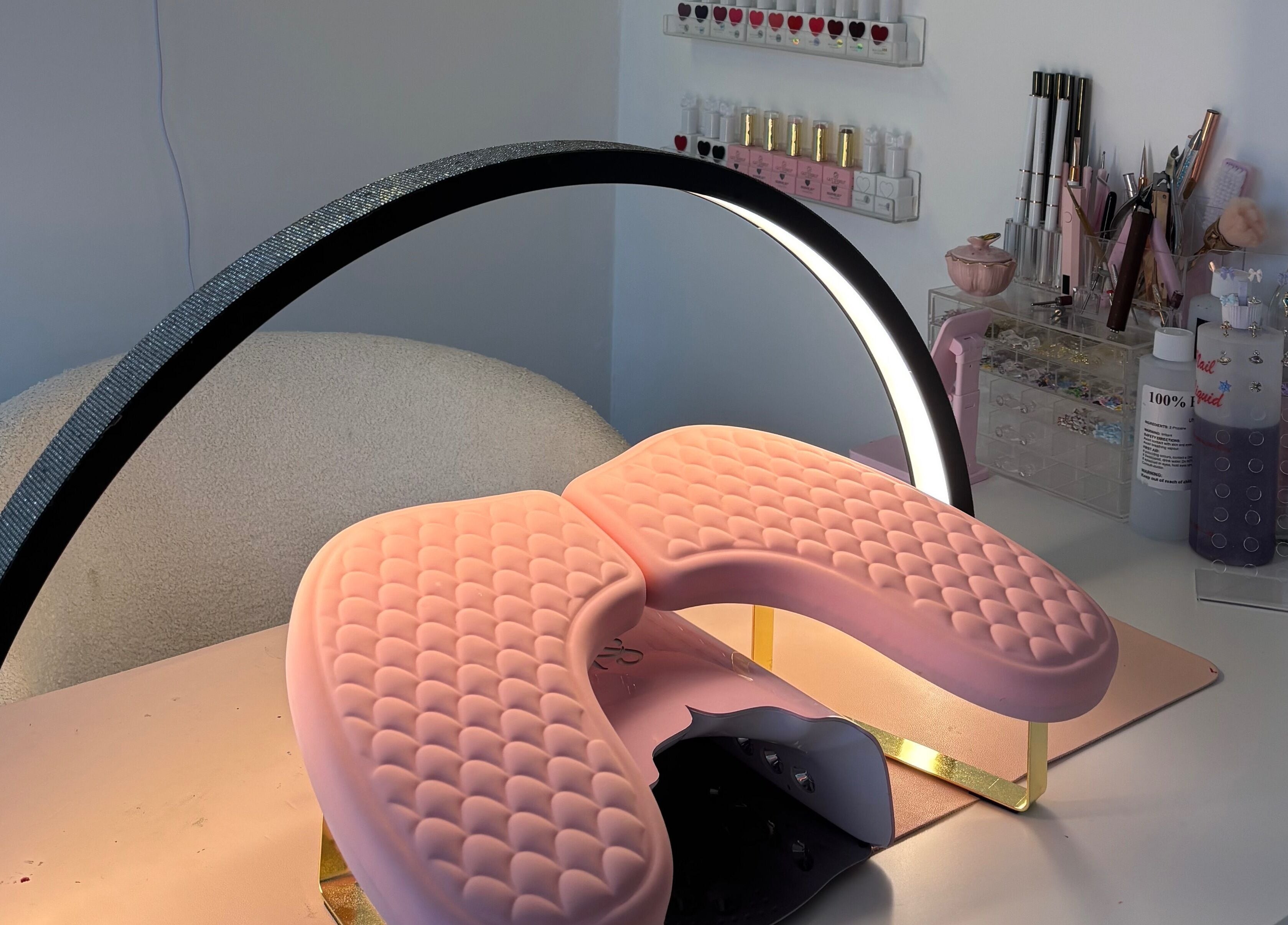 Elegant nail station at Coquette Charm Nail Salon in Cedar Vale, Queensland, AU, showcasing chic tools and polish.