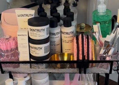 A selection of skincare products on a cart at Allure Beauty By Yazmine, London, England, GB.