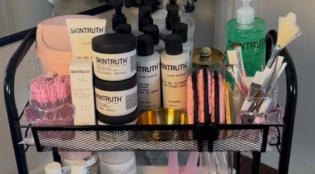 A selection of skincare products on a cart at Allure Beauty By Yazmine, London, England, GB.
