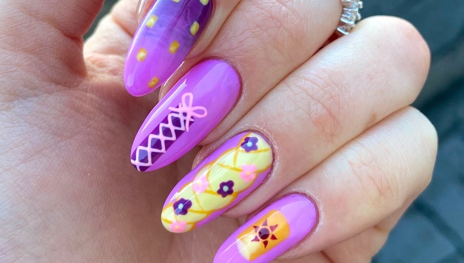 Colorful nail art featuring floral patterns at Pears Gels, Durham, England, GB.