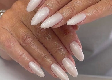 Elegant almond-shaped nails at Laque Nail Bar, Vancouver, British Columbia, CA.