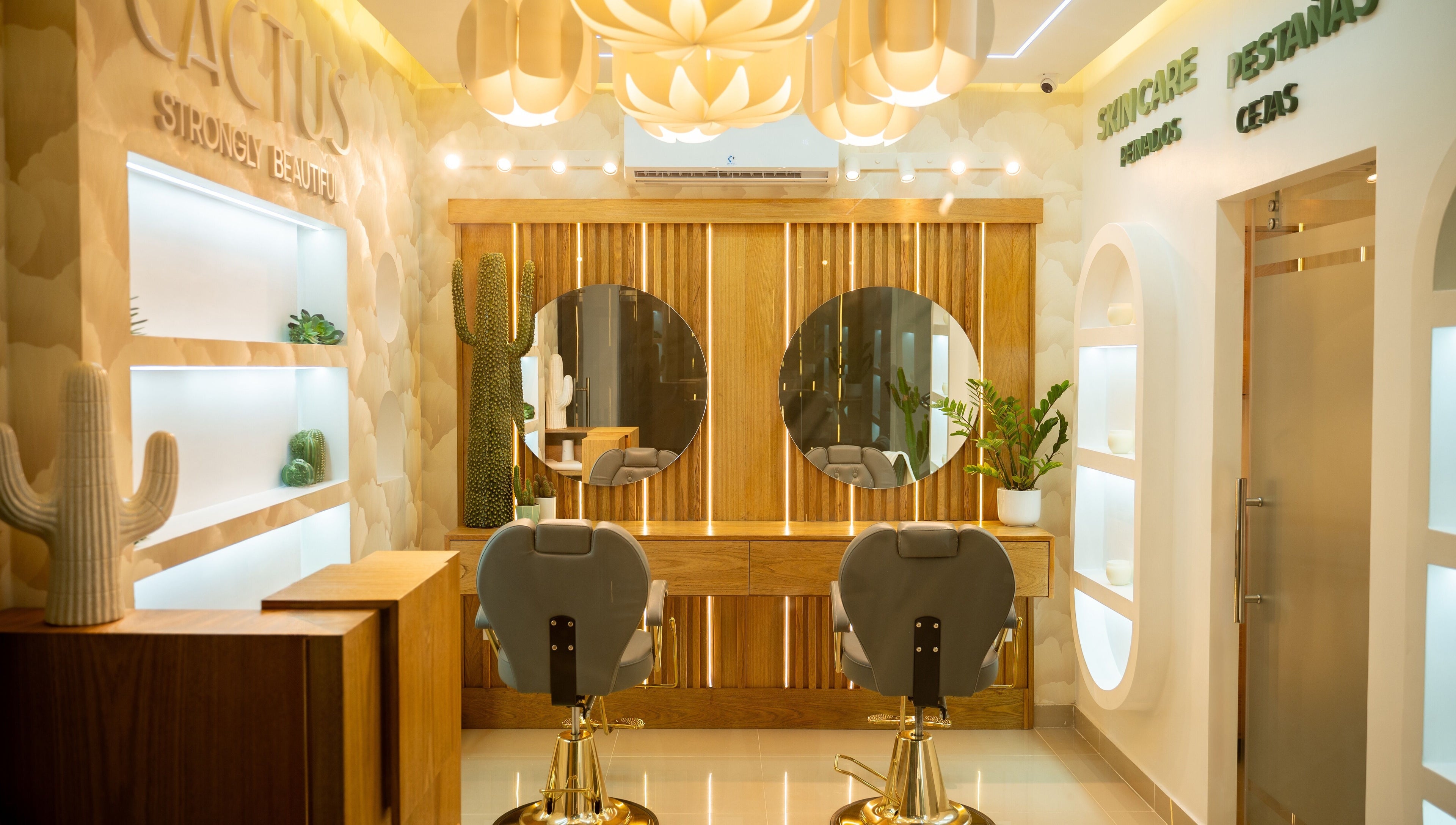 Interior moderno de Cactus Beauty en Santiago De Los Caballeros, Santiago, DO con espejos redondos y cactus decorativos.