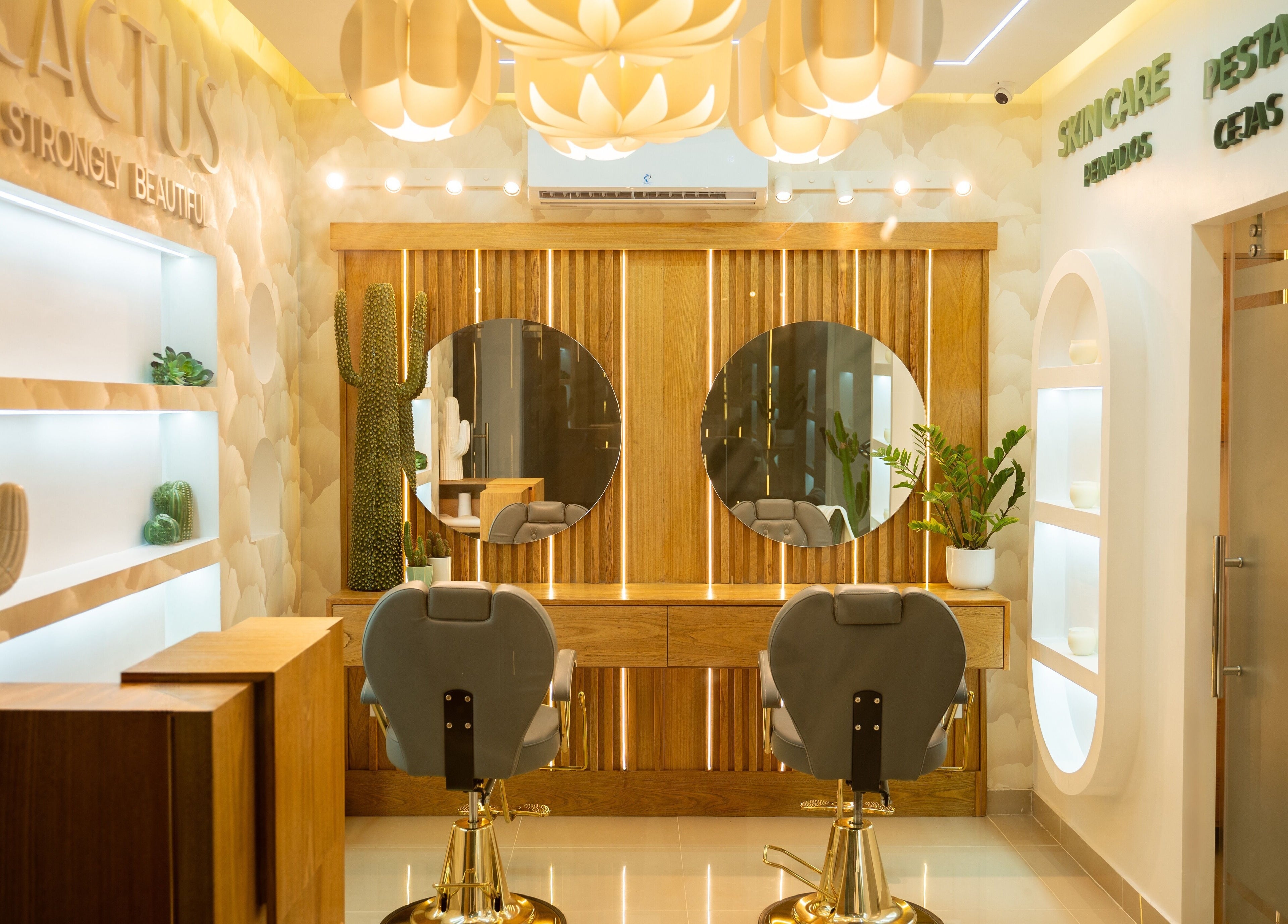 Interior moderno de Cactus Beauty en Santiago De Los Caballeros, Santiago, DO con espejos redondos y cactus decorativos.