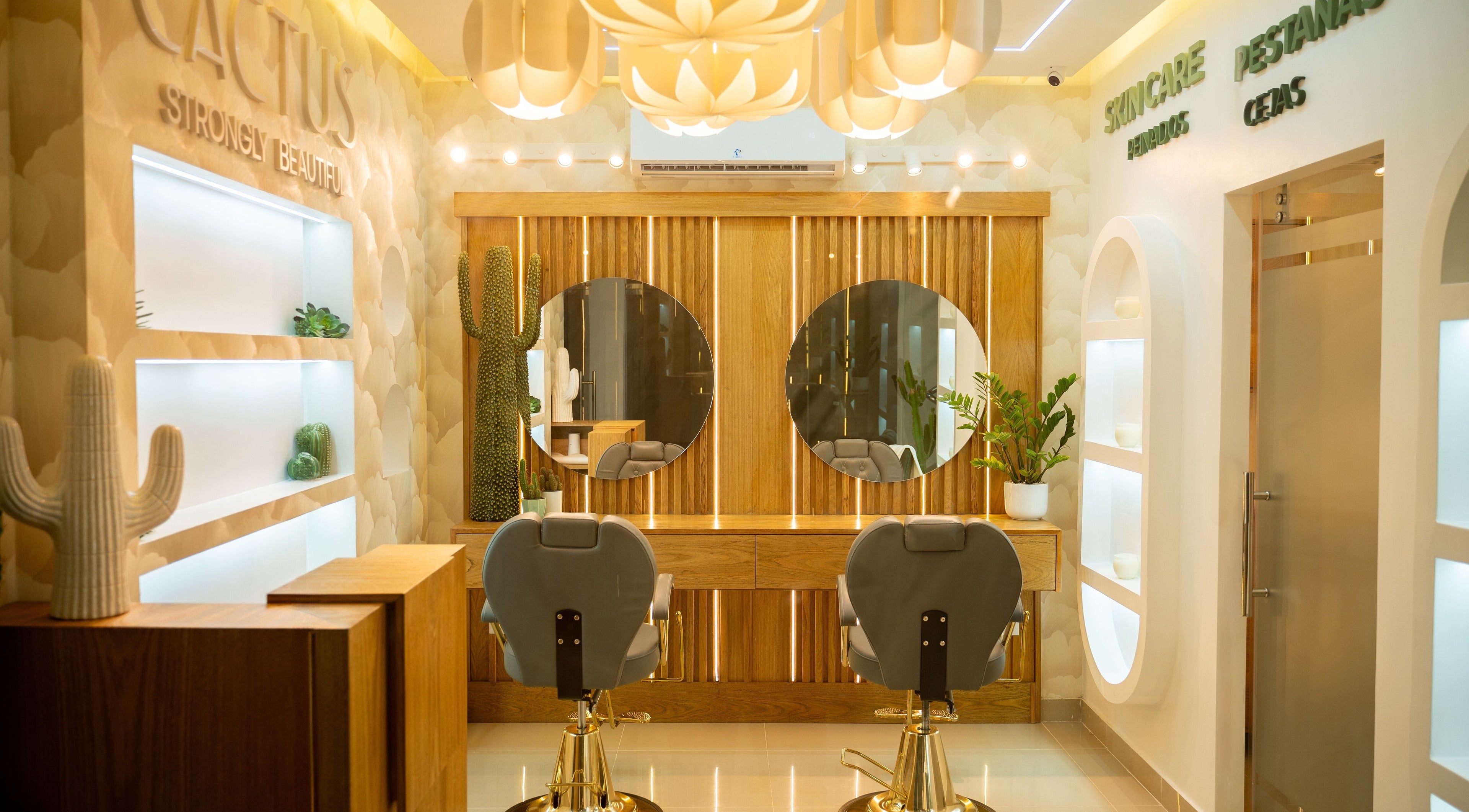 Interior moderno de Cactus Beauty en Santiago De Los Caballeros, Santiago, DO con espejos redondos y cactus decorativos.