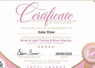 Certificate of achievement for Brow & Lash Tinting at Bareandbronzedbykatex, Saltney, Wales, GB.